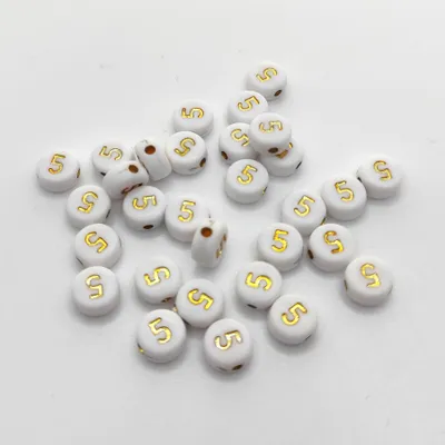 Image de Perles pour lettres, 30 pièces, 4x7 mm, or avec blanc, rond, chiffre 5