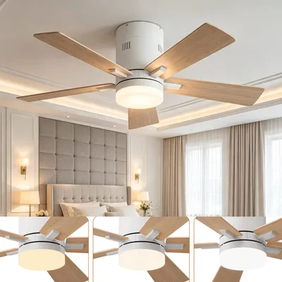 Obrázek produktu pro Stropní ventilátor INONEFT, 106 cm, s osvětlením a dálkovým ovládáním, 5 lopatek, tichý provoz, DC motor, 6 rychlostí, 3 teploty barvy, časovač, barva dřeva