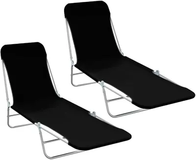 Productafbeelding van Tuinstoel met verstelbare rugleuning, 2 klapstoelen, staal en stof, zwart. Zonneluifel, ligstoel, strandstoel, outdoor ligbed voor tuin, terras, balkon, zwembad
