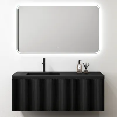 Produktbild von doporro Waschbeckenunterschrank Badmöbel Set Waschtisch mit Unterschrank Wandmontage in schwarz, BTH: 120x50x46cm, inkl. Mineralguss-Waschbecken und LED-Spiegel Santa