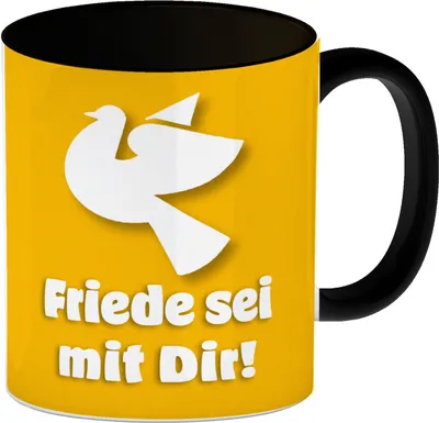 Produktbild von Friedenstaube Kaffeebecher in schwarz mit Spruch Friede sei mit Dir in Gelb-weiß