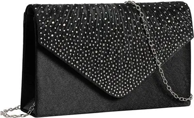 Immagine prodotto di Pochette nera in raso con cinturino decorativo rimovibile da donna
