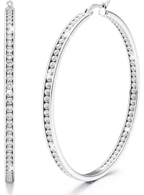 Image de Boucles d'oreilles créoles en acier inoxydable, hypoallergéniques, avec zirconium, pendantes, argentées, 60 mm