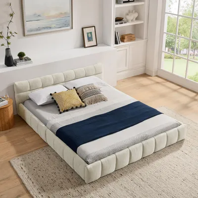Produktbild von Polsterbett 160x200 cm Doppelbett Chenille Beige - Stabiler Bettrahmen aus Metall & Eukalyptusholz - Geräuschlos & Belastbar bis 300kg - Modernes Design mit Kopfteil - Ohne Matratze