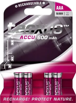 A retail package of Tecxus AAA rechargeable batteries.