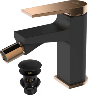 Zdjęcie produktu dla Bateria bidetowa Invena MIDNIGHT stojąca, Black/Gold Rose, jednouchwytowa, ceramiczna BB-35-014 z korkiem i wężykami