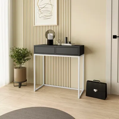 Image de SofaStyle Console LANGO 80 cm - Console à 2 tiroirs, coiffeuse, noire avec pieds métalliques blancs