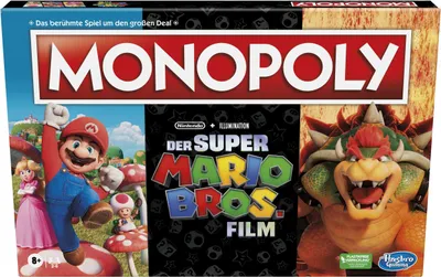 The image shows the packaging of a Monopoly board game themed around The Super Mario Bros. Movie.