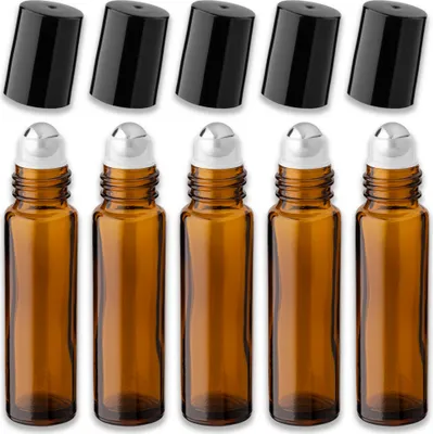 Produktbild von 5x Braune Glasflasche 10 ml Roll-On mit schwarzem Schraubverschluss