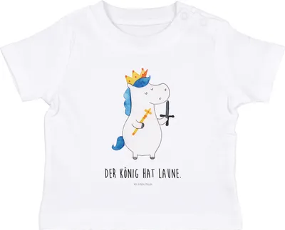 Produktbild von Mr. & Mrs. Panda Babyshirt Einhorn König mit Schwert 6. - 12. Monat - Weiß - Geschenk,  Baby Shirt, Mittelalter, Einhörner, T-Shirt, Unicorn, Ritter, Baumwolle