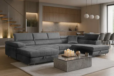 Produktbild von Sofiland Aller U-Form Ecksofa XXL Schlaffunktion 2 Bettkästen Grau Rechts