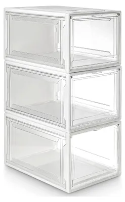Produktbild von Schuhbox, 3er Set, stapelbarer Schuhorganizer, Kunststoffbox mit transparenter Tür, Schuhaufbewahrung, für Schuhe bis Größe 48, transparent weiß