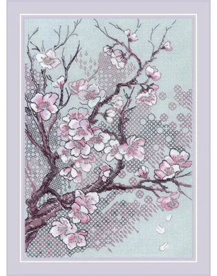 Obrázek produktu pro Sada pro výšivku "Pflaumenblüte" od Riolis, technika blackwork, schéma k výšivce, rozměry 21x30 cm