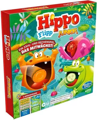 The image shows the colorful packaging of the Hippo Flipp Junior board game, featuring cartoon hippos and crocodiles playing in water.