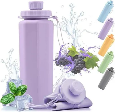 Obrázek produktu pro Skládací silikonová láhev, 600 ml, bez BPA, nepropustná, přenosná, fialová