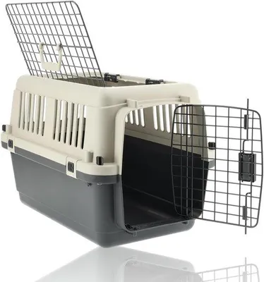 Produktbild von Katzenreismand Groß – Tragbarer Transportkäfig – Sichere Tierbeförderung – Verriegelbare Lüftung – 61x41x40 cm – Grau-Weiß
