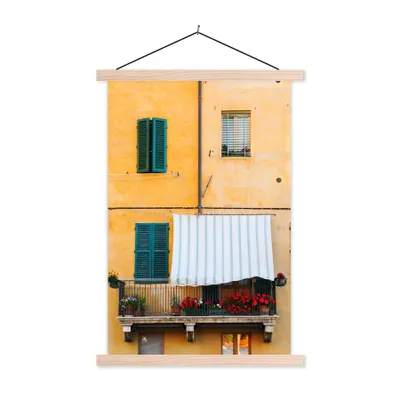 Produktbild von MuchoWow® Textilposter Italienische Fenster mit Fensterläden und einem Balkon 40x60 cm mit holzfarbenen Rahmen - Poster