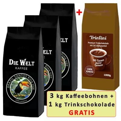 Produktbild von Die Welt Kaffee Set Brasilien und Trinkschokolade 3+1 x 1 kg