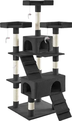 A multi-level cat tree with scratching posts, platforms, and enclosed spaces.