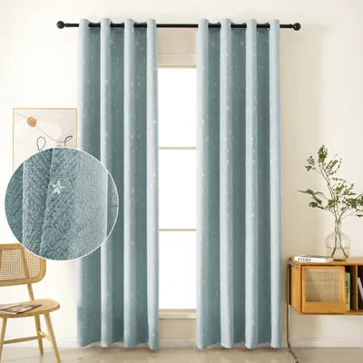 Produktbild von 2 Stück Vorhänge Leinenoptik Blickdicht Stern mit Ösen Gardinen Dekoschal für Wohnzimmer Schlafzimmer Kinderzimmer, B132xH160cm, Blau