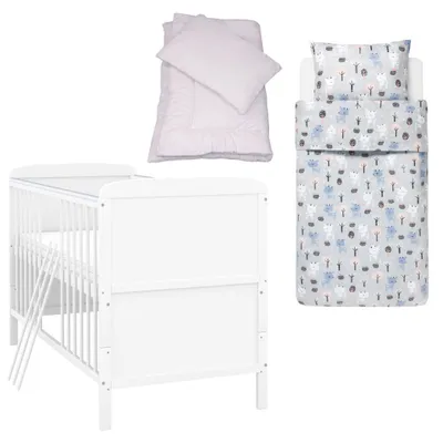 Produktbild von Baby-Delux Babybett Kinderbett Natalie Umbaubar 140x70 Weiß Bettset 4-Tlg Komplett Waldreh Grau