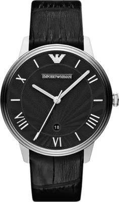 Produktbild von Armani Herrenuhr ar1611 mit rundem Edelstahlgehäuse und schwarzem Lederarmband
