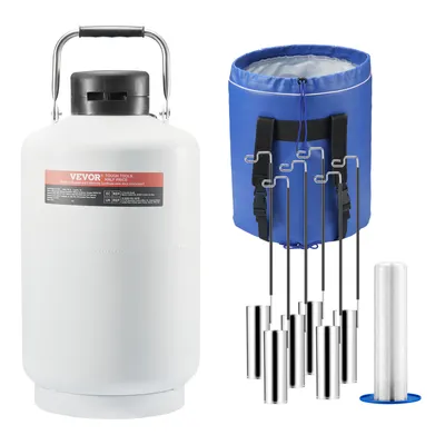 A white liquid nitrogen tank and a blue carrying bag with several metal canisters are displayed on a white background.