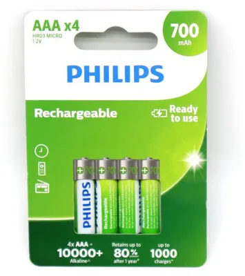 Produktbild von Philips Rechargeables Akku R03B4A70/10, Wiederaufladbarer Akku, AAA, Nickel-Metallhydrid (NiMH), 1,2 V, 700 mAh, Cd (cadmium), Hg (Quecksilber)