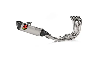 A motorcycle exhaust system on a white background.