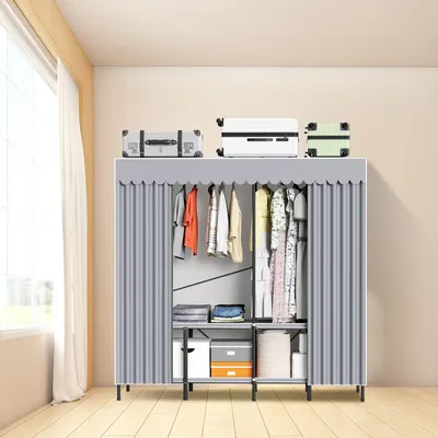 Produktbild von Bettizia Stoffschrank, Faltschrank, Kleiderschrank, Garderobe mit 1 Kleiderstange, Grau, faltbar, 178 x170 x 48 cm