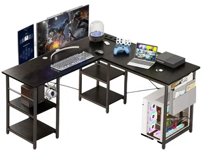Produktbild von AIORBER L-Schreibtisch Eckschreibtisch Computertisch mit Steckdose USB Bürotisch mit Regalen & Seitentasche Gamertisch für Homeoffice Schwarz