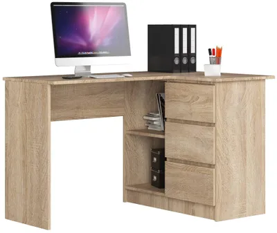 Obrázok produktu pre Rohový písací stôl 124 cm s 3 zásuvkami, počítačový stôl v tvare L, rohová skriňa s 2 priehradkami