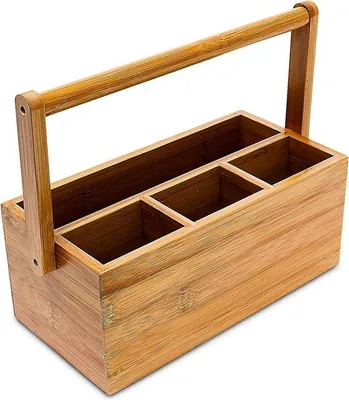 Obrázok produktu pre Uniqoos® Organizér na písací stôl z prírodného bambusu, 4 priehradky s rúčkou – držiak na písacie potreby do kancelárie, cca 20 x 25 x 11,5 cm, prírodná farba