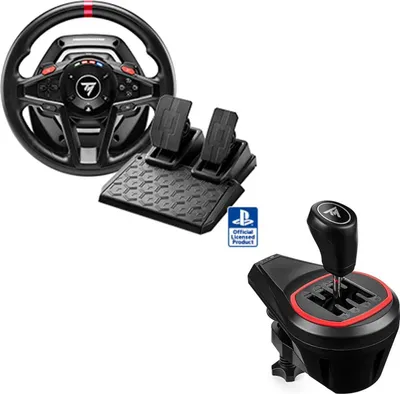 A gaming steering wheel, pedals, and gear shifter are displayed against a white background.