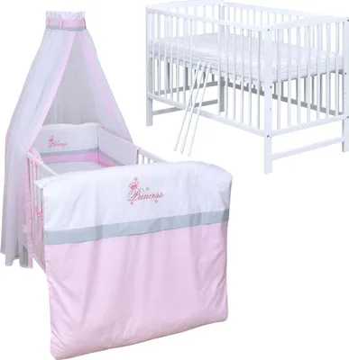 Produktbild von Baby-Delux Babybett Kinderbett Gitterbett Milo Weiß 120x60 Komplett Bettset 10-tlg mit Stickerei Princess