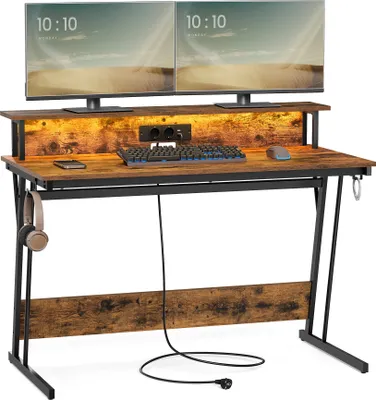 Produktbild von VASAGLE Schreibtisch Gaming Tisch mit eingebauter Steckdosenleiste Computertisch 120cm vintage