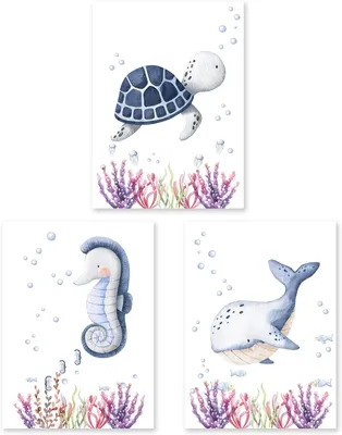 Immagine prodotto di Set di 3 poster, con motivi marini, formato DIN A4, ideali per la decorazione delle camerette dei bambini