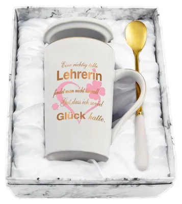 Produktbild von Kaffeetasse Abschiedsgeschenk Lehrerin 400ml Weiß Marmoroptik mit Löffel & Deckel