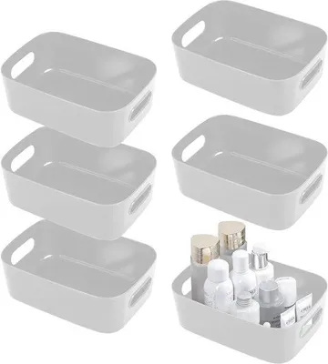 Zdjęcie produktu dla Zestaw 6 szarych pojemników z tworzywa sztucznego z uchwytami, wymiary: 24,5 x 15,5 x 10 cm – wszechstronne rozwiązanie do przechowywania w domu i biurze