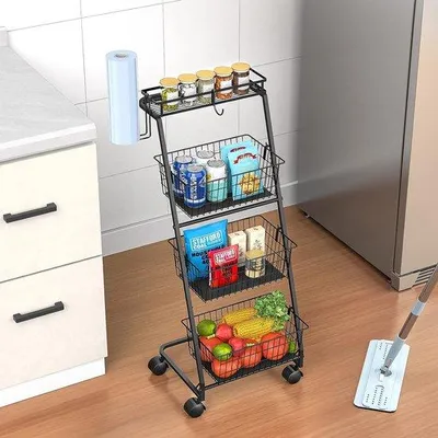 Obrázok produktu pre Čierna 4-poschodová misa na ovocie s kolieskami a držiakom na banány