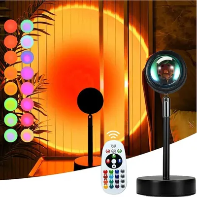 Produktbild von Sunset Lampe Projektor 16 Farben 360° Drehung mit Fernbedienung Dimmbar RGB LED Nachtlicht Romantische Deko für Selfie Party Schlafzimmer Wohnzimmer