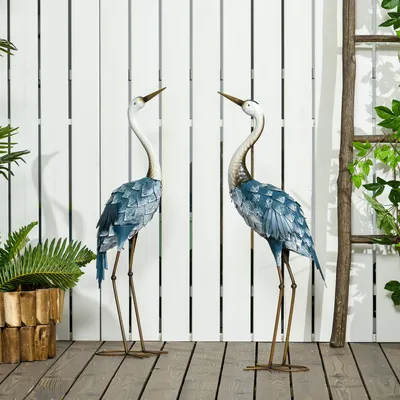 Produktbild von Gartenfigur Kranich 2er Set, Gartenskulptur Vogel, Stahl rostfrei wetterfest, Blau Weiß Grau | 26 x 15 x 74 cm | 1,5 kg | UV-beständig, farbbeständig