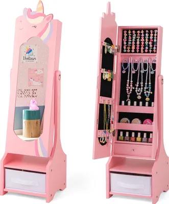 Produktbild von DREAMADE Kinder-Schmuckschrank mit Spiegel, freistehender Ganzkörperspiegel mit 2 Neigungswinkeln & großer Kapazität, Schmuck-Organizer aus Holz, Rosa