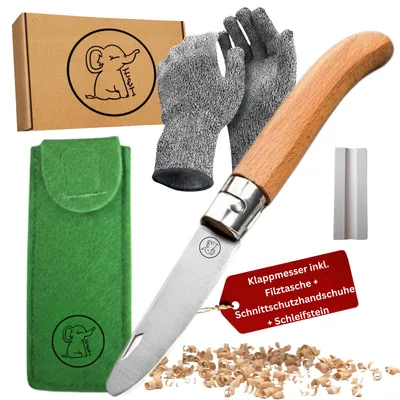 Produktbild von Eli® Schnitzmesser Kinder mit Filztasche ab 6 Jahre - Taschenmesser - Kindermesser Schnitzset inkl. schnittfeste Handschuhe - Kinderschnitzmesser grün, KI-generiertes Bild
