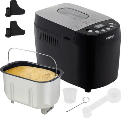 Produktbild von AREBOS Brotbackautomat 1500g, Brotbackautomaten, mit 15 Programmen, 2 Knethaken, Timer, LCD Display , 3 Bräunungsgrade und Brotgrößen, 850 W, Schwarz