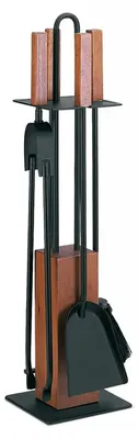 Produktbild von Kaminbesteck Kaminset Schwarz 5-tlg. - Kaminzubehör Griffe Sockel Eiche gedämpft