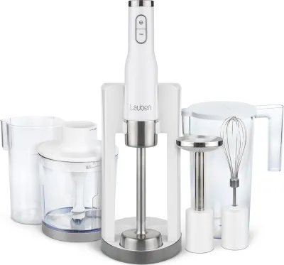 A white stick blender and its accessories are displayed on a white background.