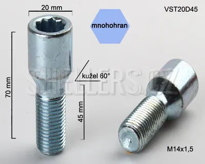 Obrázok produktu pre Skrutka kolesa M14x1,5x45 s vnútorným polygónom, VST20D45, priemer hlavy 20 mm, výška 70