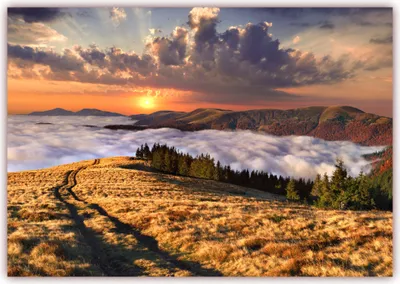 Produktbild von XXL Poster 100 x 70cm (S-809) Gebirgsweg ins nebelbdeckte Tal über Herbstwiese Sonnenuntergang  (Lieferung gerollt!)