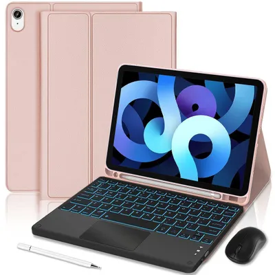 Image de Coque Clavier pour iPad Air 11" (M4/M3/M2) / iPad Air 4/5, CuirPolyuréthaneRose avec Clavier Rétroéclairé + Souris + Stylet